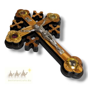 Olive Wood Wall Jerusalem Cross Crucifix with Relics from Holy Land, Unique Wall Hanging Cross for Christian Home Decor