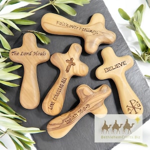 Medium Custom Engraved Wooden Palm Cross - Personalized Olive Wood Comfort Cross from the Holy Land, Hand Cross for Unique Christian Gift