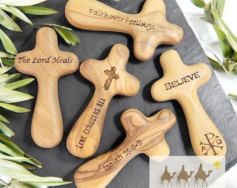 Custom Engraved 4" Olive Wood Palm Cross - Personalized Christian Pocket Crosses for Comfort