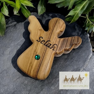 Custom Engraved Palm Angel with Birthstone Crystal - Personalized Olive Wood Guardian Pocket Angel or Magnet for Gift, Shower Favor, or Loss