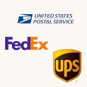 May include: Logos of shipping and postal services, including United States Postal Service, FedEx, and UPS. The USPS logo features a blue eagle, FedEx is purple and orange, and UPS has a brown and gold shield.