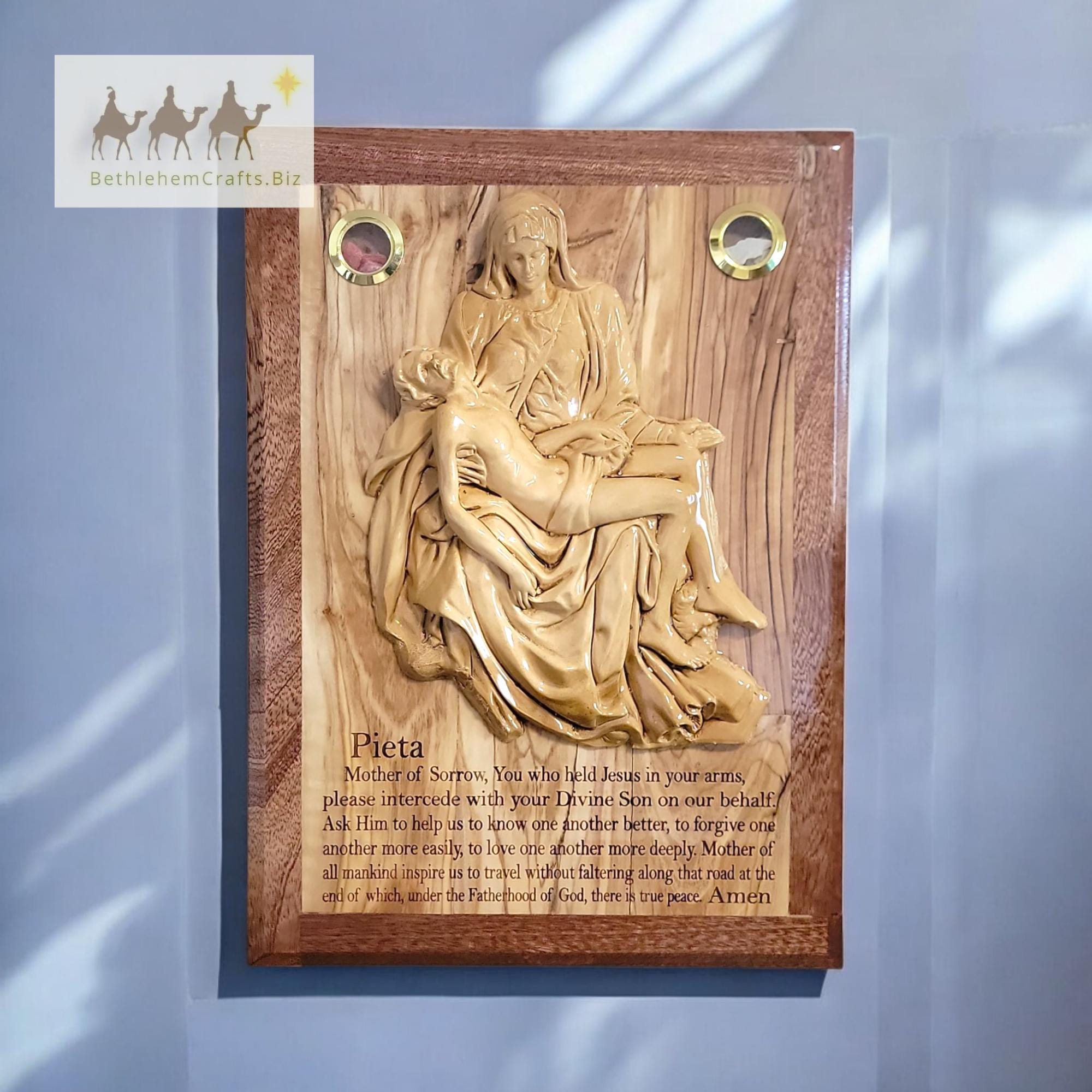 La Pieta Olive Wood Plaque With Prayer to Mary Mother of Sorrow - Etsy