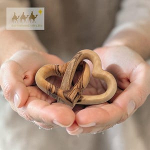 Pocket Olive Wood Interlocking Hearts - Two Connected Wooden Love Heart Shapes with Gift Bag