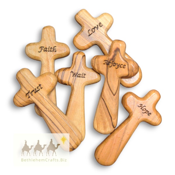 Custom Engraved Small Olive Wood Comfort Cross, Personalized Palm Cross, Wooden Hand Cross from the Holy Land, Memorial or Baptism Gift