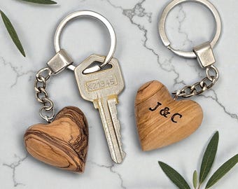 Personalized Olive Wood Heart Keychain - Couples Custom Engraved Wooden Key Chain