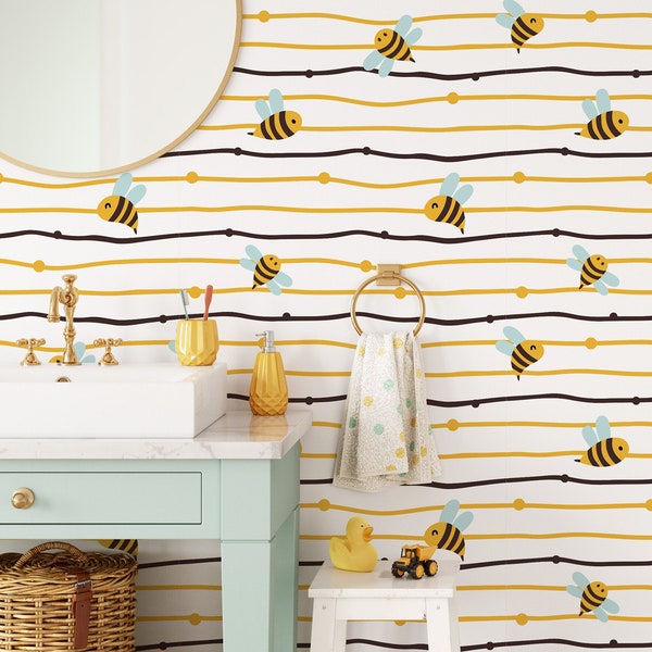 Colorful peel and stick bee wallpaper, mural wallpaper peel, yellow removable, nursery peel and, peel and stick mural, wallpaper for kids