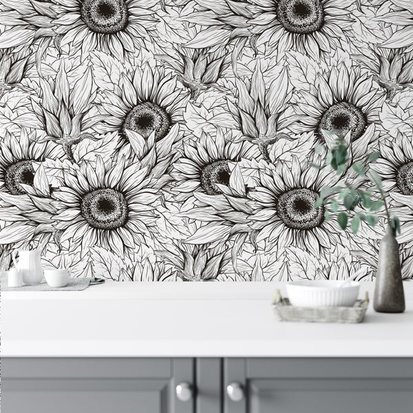 Modern black and white wallpaper, removable floral wallpaper, peel stick wallpaper, removable floral, wallpaper kitchen