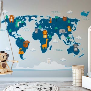 Sticker carte du monde - carte du monde géante pour enfants - autocollant mural, sticker mural chambre d'enfant bohème, cadeau pour baby shower, décoration de chambre de bébé fille