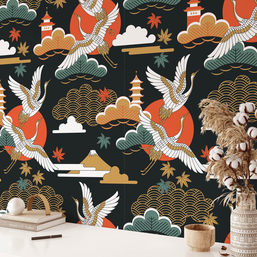 Japanese Style Peel and Stick Wallpaper, Modern Wallpaper, Wallpaper for Bathroom, Crane