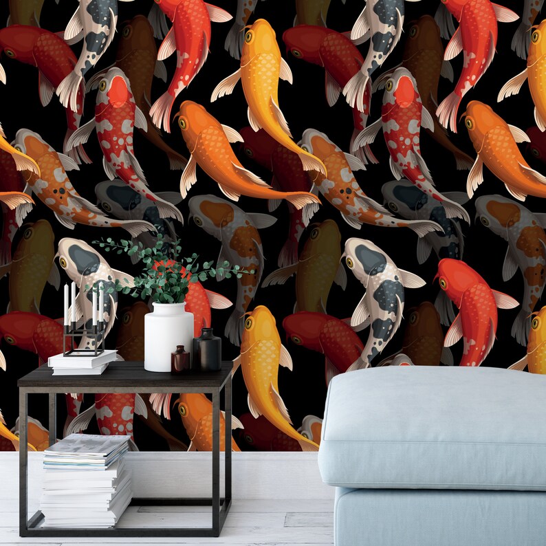 Koi Fish Mural Modern Wallpaper Wallpaper for Bathroom Fish Etsy Canada
