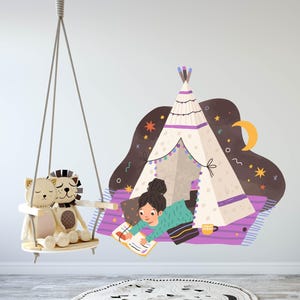 Girl Reading a Book Wall Decals - Classroom Wall Stickers, Boho Nursery Decor, Kids Room Wall Art, Home Decor, Wall decal for Nursery