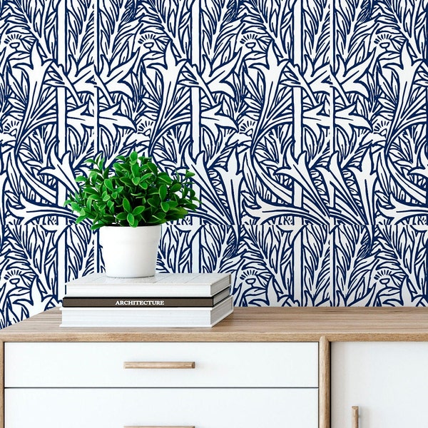 Blue Wallpaper, boho mural, Peel and Stick, Botanical mural, Minimalistic, Self Adhesive, Boho Wallpaper, Removable Wallpaper, Removable