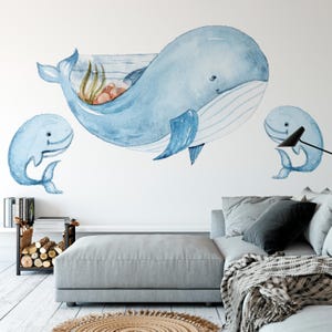 Whale Removable Baby Wall Decals - Nursery Peel and Stick - Watercolor Blue Whale Decal - Kid&#39;s Wall Stickers - Children&#39;s Wall Decals