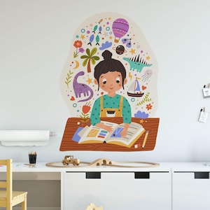 Girl Reading a Book Wall Decals - Classroom Wall Stickers, Boho Nursery Decor, Kids Room Wall Art, Home Decor, Wall decal for Nursery