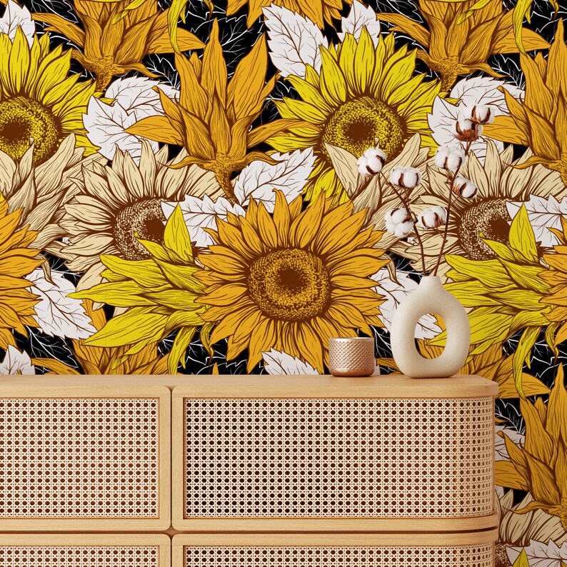 Modern Sunflower Removable Wallpaper for Kitchen, Floral Wallpaper