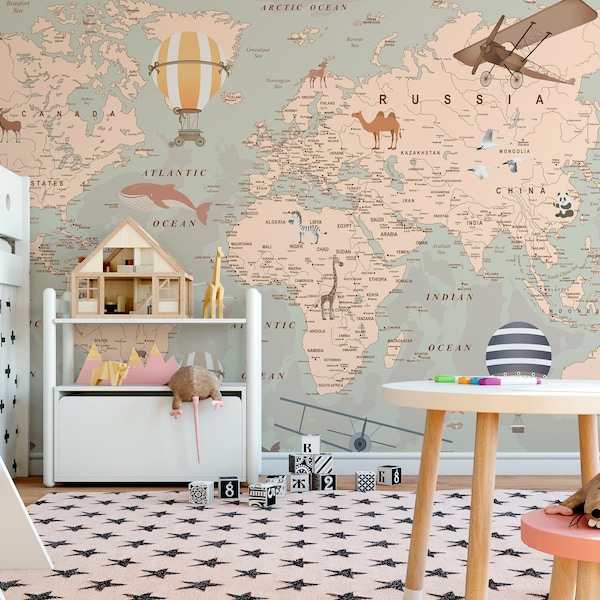 Peel and Stick, School Wallpaper, Playroom Wallpaper, Boy Bedroom Mural, Art Map Wallpaper, Map World Wallpaper, Kids Mural Wallpaper