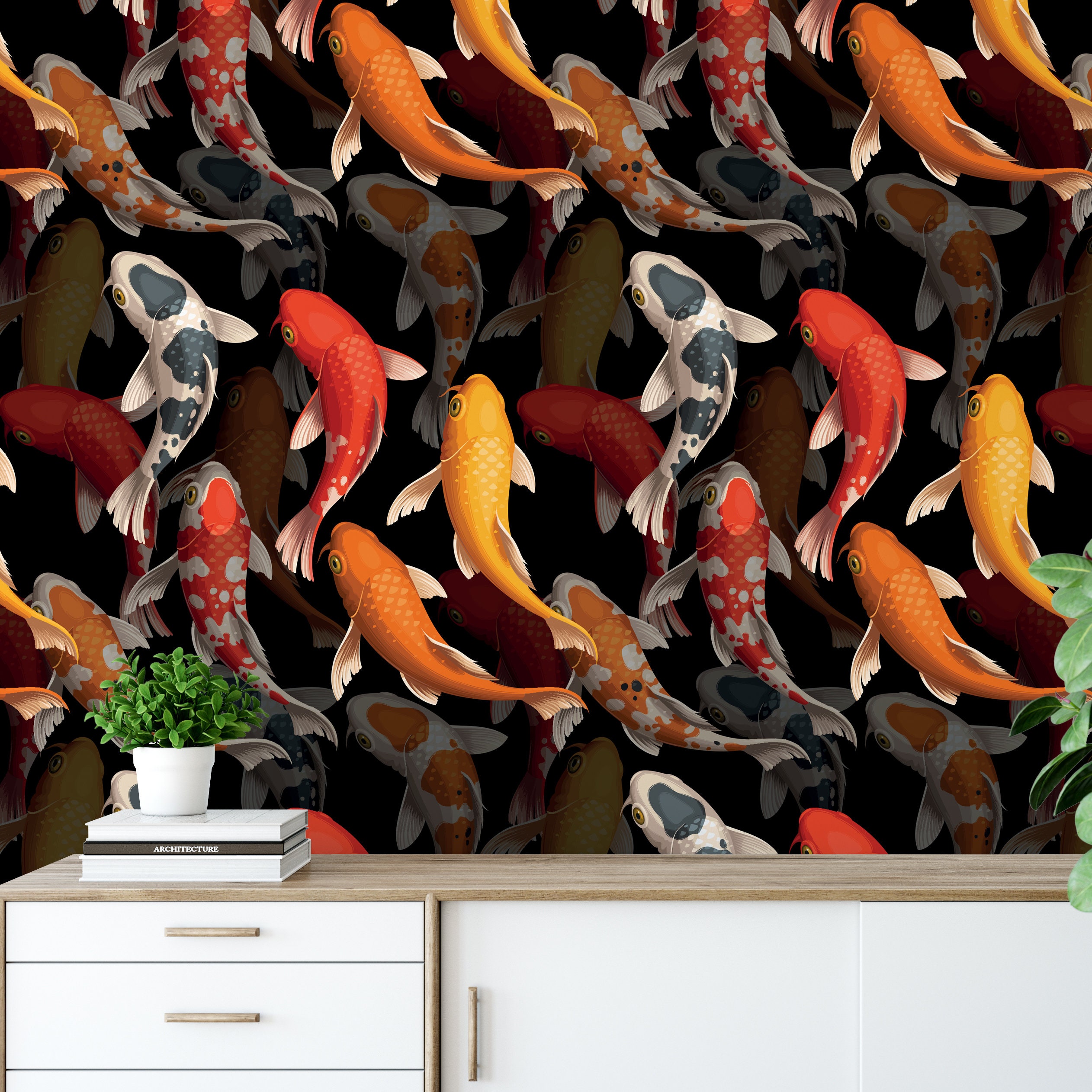 Koi Fish Mural Modern Wallpaper Wallpaper for Bathroom Fish Etsy Canada