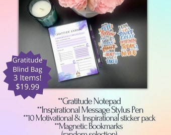 Mystery stationery gift bundle, Gratitude Notepad, Birthday gift, Sticker pack, Pen