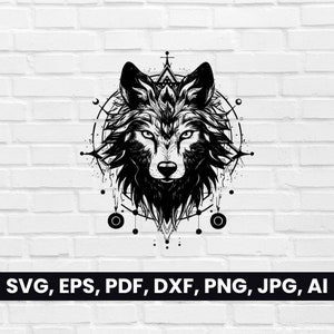 Wolf Face Shaman Silhouette SVG, Pdf, Dxf, Png, Wolf Clipart, Tribal Vector Logo, T-Shirt Design, cricut | Digital Download, Wolf Head Black