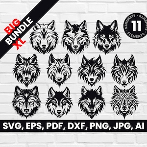 May include: A collection of eleven black and white wolf head designs. The image includes the text "BIG BUNDLE XL" and "11 ELEMENTS". File formats include SVG, EPS, PDF, DXF, PNG, JPG, and AI.