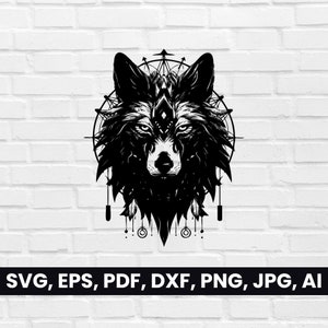 Wolf Face Shaman Silhouette SVG, Pdf, Dxf, Png, Wolf Clipart, Wolf Vector Logo, T-Shirt Design, cricut | Digital Download, Wolf Black white