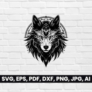 Wolf Face Shaman Silhouette SVG, Pdf, Dxf, Png, Wolf Clipart, Tribal Vector Logo, T-Shirt Design, cricut | Digital Download, Wolf Head Black