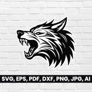 Wolf Kopf Silhouette, Tribal Roaring Wolf Gesicht SVG, Pdf, Dxf, Png, Clipart, Howling Wolf Maskottchen Logo Vektor, Cricut, Digital, Tribal Tattoo