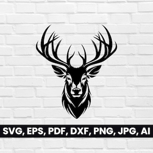 Deer Head Silhouette, Stag shape SVG, Pdf, Dxf, Png, Deer with Antlers Face Clipart, Vector, T-Shirt, Logo cricut, Stag head, Tribal Digital