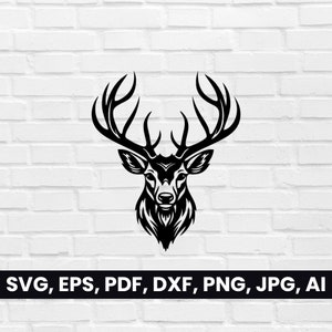 Deer Head Silhouette, Stag shape SVG, Pdf, Dxf, Png, Deer with Antlers Face Clipart, Vector, T-Shirt, Logo cricut, Stag head, Tribal Digital