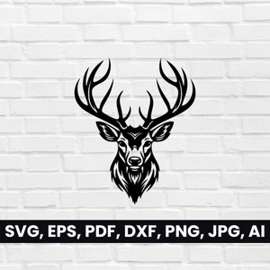 Hirschkopf Silhouette, Hirsch Form SVG, Pdf, Dxf, Png, Hirsch mit Geweih Gesicht Clipart, Vektor, T-Shirt, Logo Cricut, Hirschkopf, Tribal Digital Bild 1