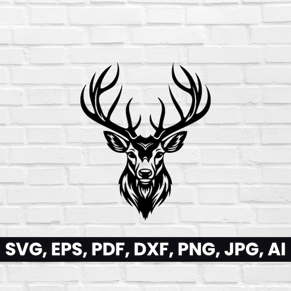 Hirschkopf Silhouette, Hirsch Form SVG, Pdf, Dxf, Png, Hirsch mit Geweih Gesicht Clipart, Vektor, T-Shirt, Logo Cricut, Hirschkopf, Tribal Digital