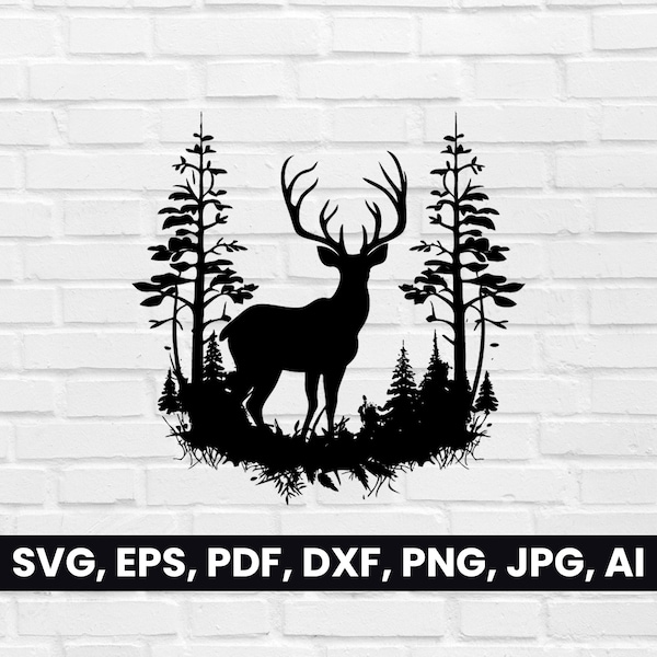 Deer Forest Silhouette, Stag shape SVG, Pdf, Dxf, Png, Deer Clipart, Deers Vector, T-Shirt, Stags Logo cricut | Digital Download