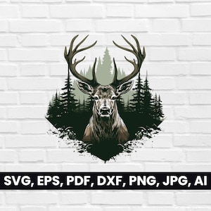 Deer with Antlers in Forest Silhouette, Color Stag vector shape SVG, Pdf, Dxf, Png, Deer Clipart, T-Shirt Design, Wild Animal Logo cricut