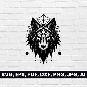 Wolf Face Shaman Silhouette SVG, Pdf, Dxf, Png, Wolf Clipart, Tribal Vector Logo, T-Shirt Design, cricut | Digital Download, Wolf Head Black