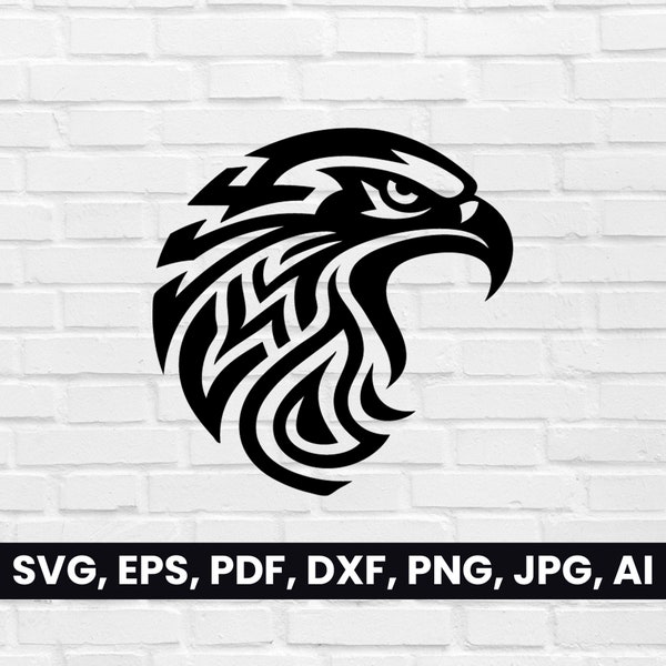 Tribal Eagle Head Silhouette, Eagle Face SVG, Pdf, Dxf, Png, Clipart, Bird Eagle Logo Vector, T-Shirt cricut, Digital Falcon Black & White