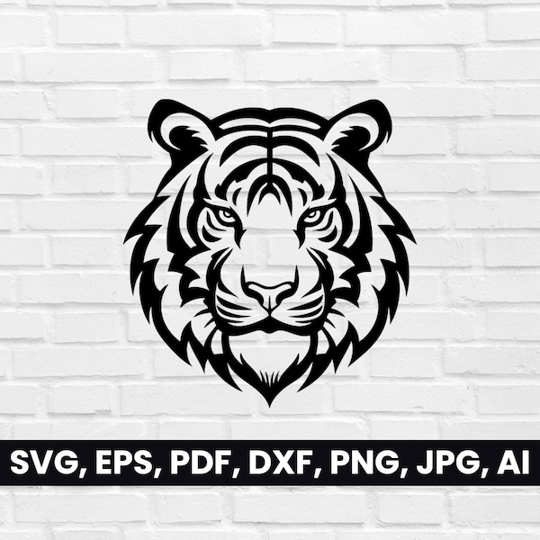 Silhouette de tête de tigre, visage de tigre SVG, Pdf, Dxf, Png, Clipart de tigre, vecteur de Logo de tigre, cricut de symbole, numérique, forme de mascotte de tatouage Tribal