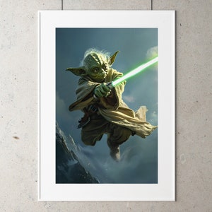 May include: A green, fictional character with large ears and a long, flowing robe, wielding a green lightsaber in a dramatic pose against a cloudy sky.