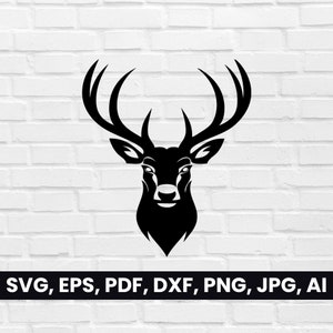 Deer Head Silhouette, Stag shape SVG, Pdf, Dxf, Png, Deer with Antlers Face Clipart, Vector, T-Shirt, Logo cricut, Stag head, Tribal Digital