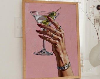 Martini Glass Art Print, Pink Cocktail Wall Art, Feminine Bar Decor, Vintage Martini Illustration, Chic Lounge Wall Art