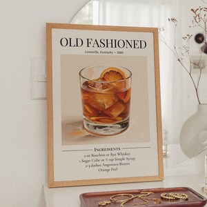 Przepis na staromodny koktajl Wydrukuj Bourbon Whiskey Ścienna sztuka Cyfrowe pobieranie Wystrój baru Retro Drink Plakat Wystrój wózka barowego