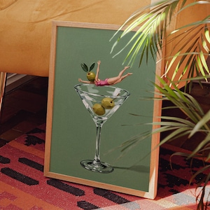 Surreal Olive Head Martini Art Print: Retro Bar Decor (Digital Download)