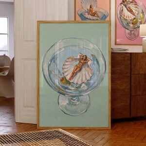 Green Scallop Shell Martini Print, Woman in Seashell Cocktail Glass, Retro Olive Martini Wall Art (Digital Download)