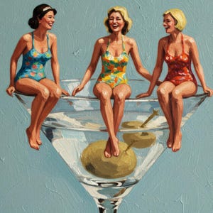 May include: An oil painting shows three women in swimsuits perched on a large martini glass. The martini contains olives. The women are smiling, set against a light blue backdrop.