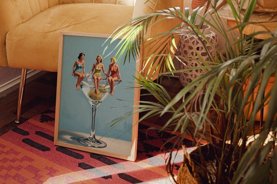 Quirky Dirty Martini Print: Vintage-Inspired Poolside Cocktail Art (Digital Download)