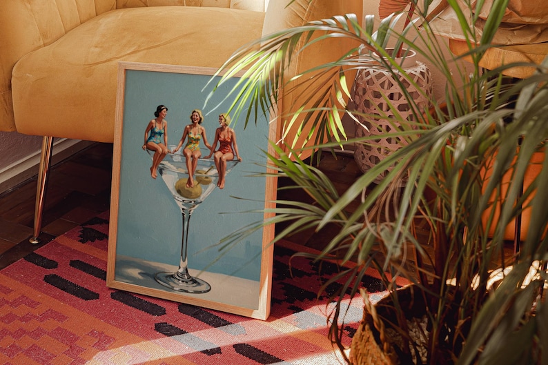 Quirky Dirty Martini Print Surreal Poolside Cocktail Oil Painting Midcentury Beach Babes Wall Art Fun Vintage-Inspired Bar Cart Decor