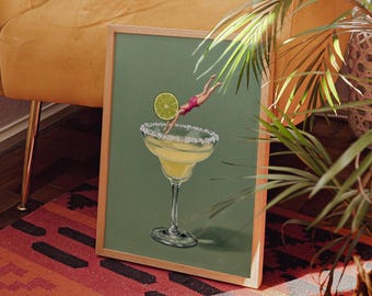 Surreal Margarita Diver Art Print: Whimsical Cocktail Bar Decor (Digital Download)