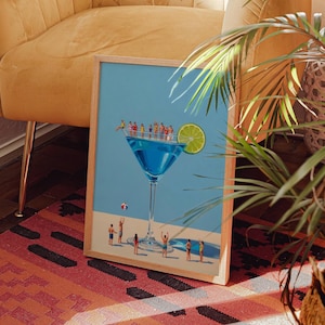 Impressão "Pessoas Pequenas Martini Festa na Piscina", Arte de Parede Surrealista de Coquetel Azul, Ilustração Retrô de Coquetel de Praia, Decoração Moderna para Bar, Download Digital