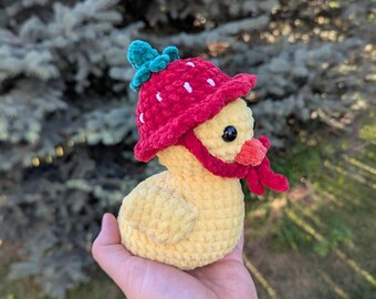 Crochet Duck Plush with Removable Fruit Hat: Handmade Ducky