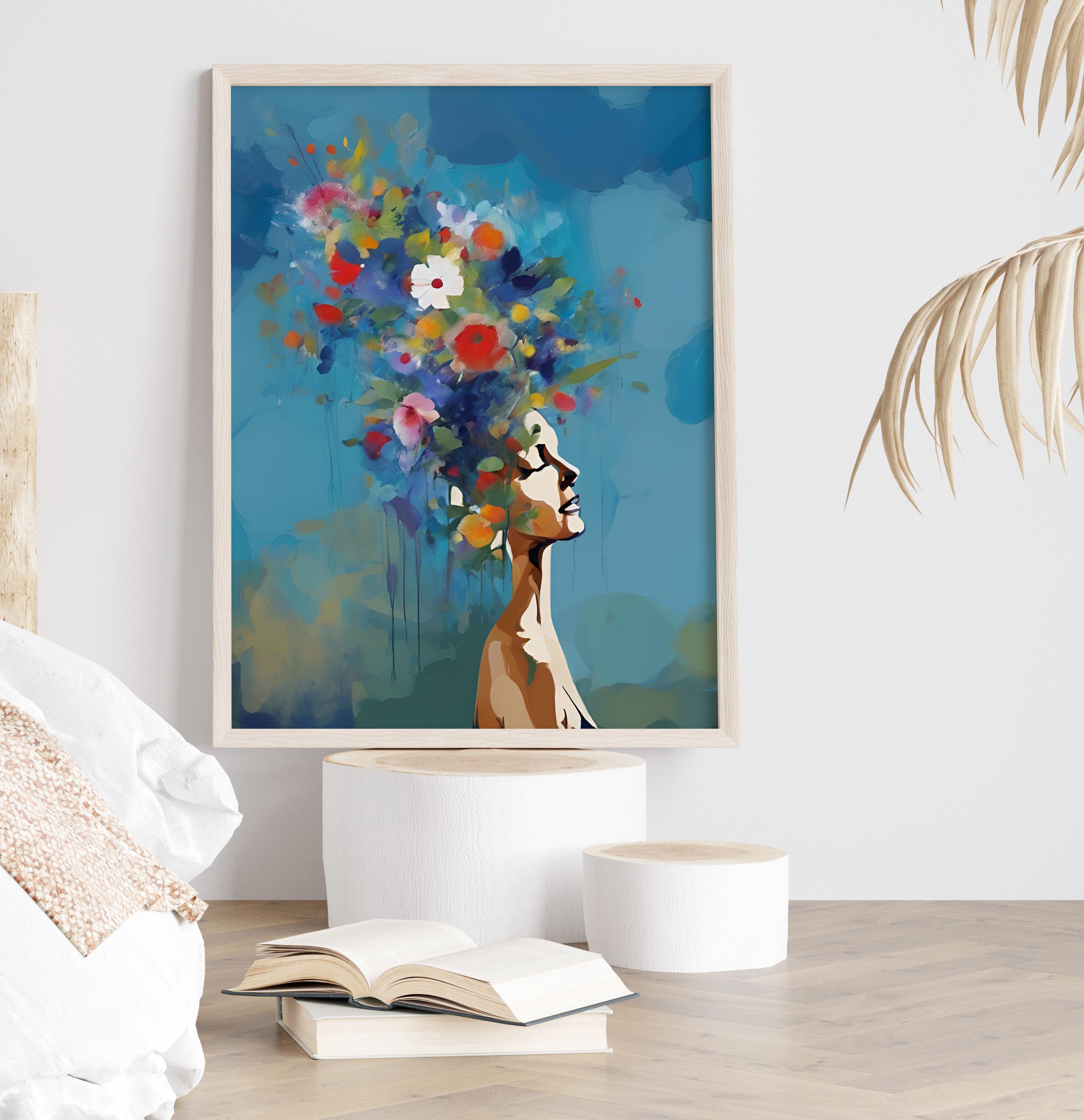 Portrait Art Print, Woman With Flowers, Femme Wall Art, Portrait ...
