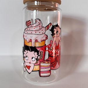 Betty Boop Glass Cup With Straw And Lid